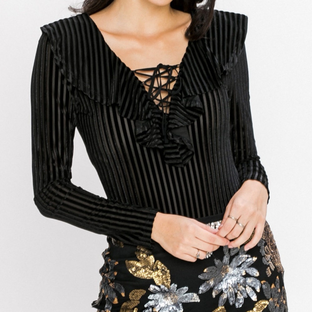 Velvet Ruffle Ribbed Tie Bodysuit - Picture 3 of 7